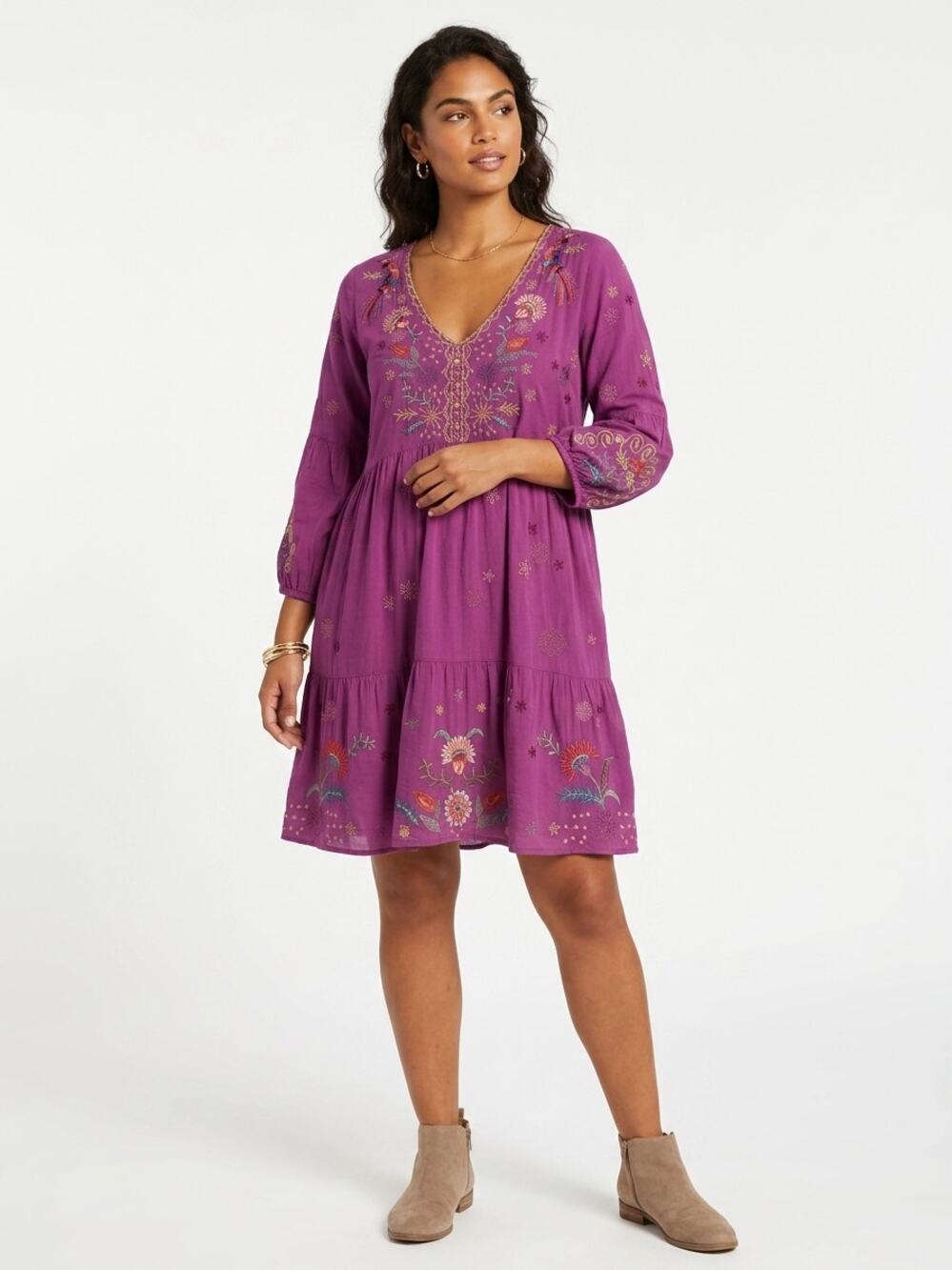 Johnny Was GUC Purple Floral Embroidered Tiered Boho Mini Dress Size Small $298